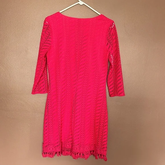 Lilly Pulitzer Seminole Knit Pomegranate Pink Crochet Lace Dress Women's Sz M - Picture 6 of 7